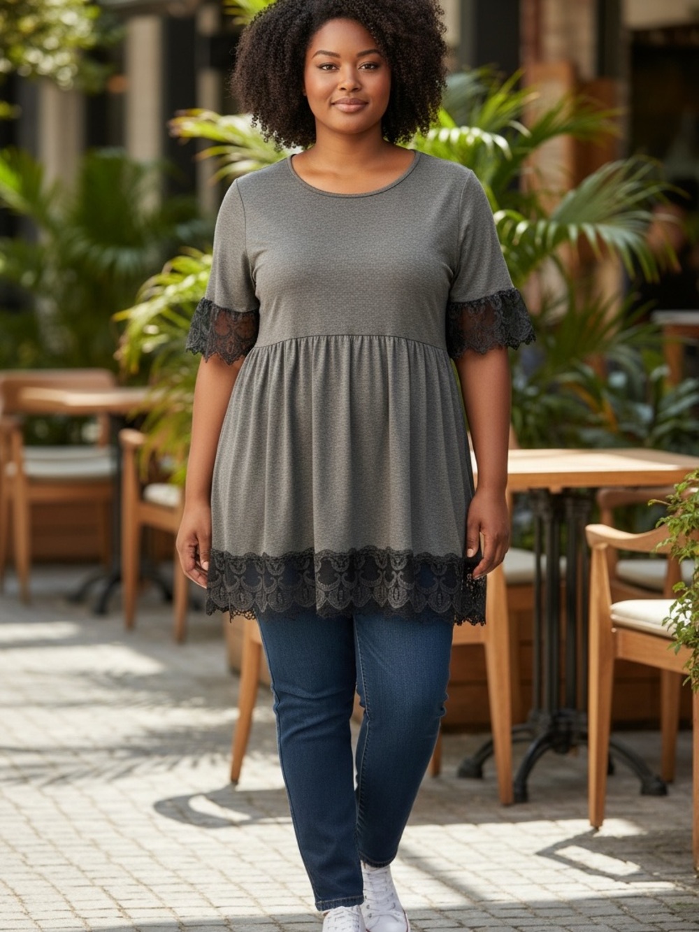NWT: size 10 BloomChic Gray Tunic with Black Lace Trim